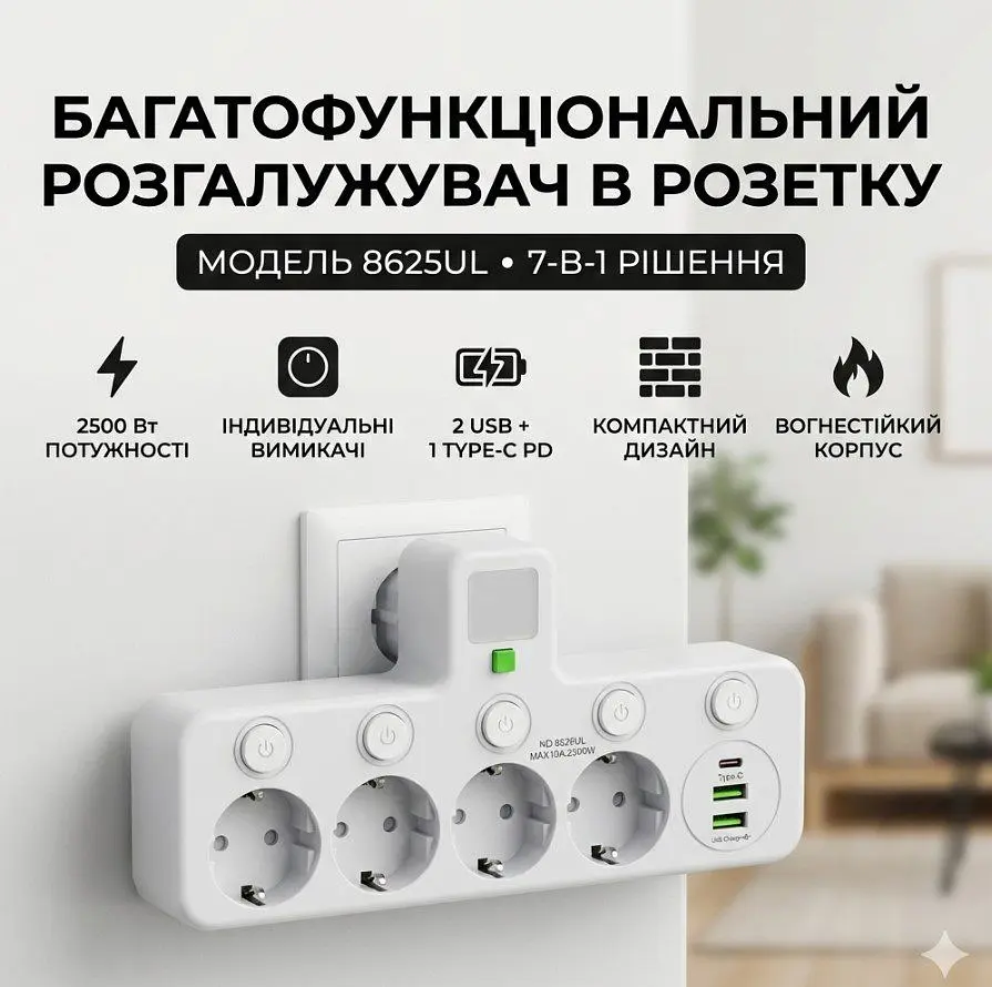 Сетевой фильтр-адаптер Voltronic UL8625 7-in-1, 4x220V-2500W, 2xUSB, 1xType-C PD - фото 2