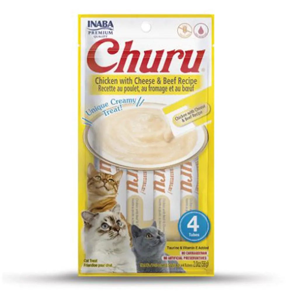 Вологі ласощі для котів INABA Churu вершковий мус в стіках курка з сиром та яловичина 4 шт по 14 г