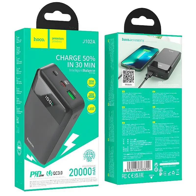 Портативная батарея Hoco Cool figure power bank J102A 20000mAh 20W черная - фото 4