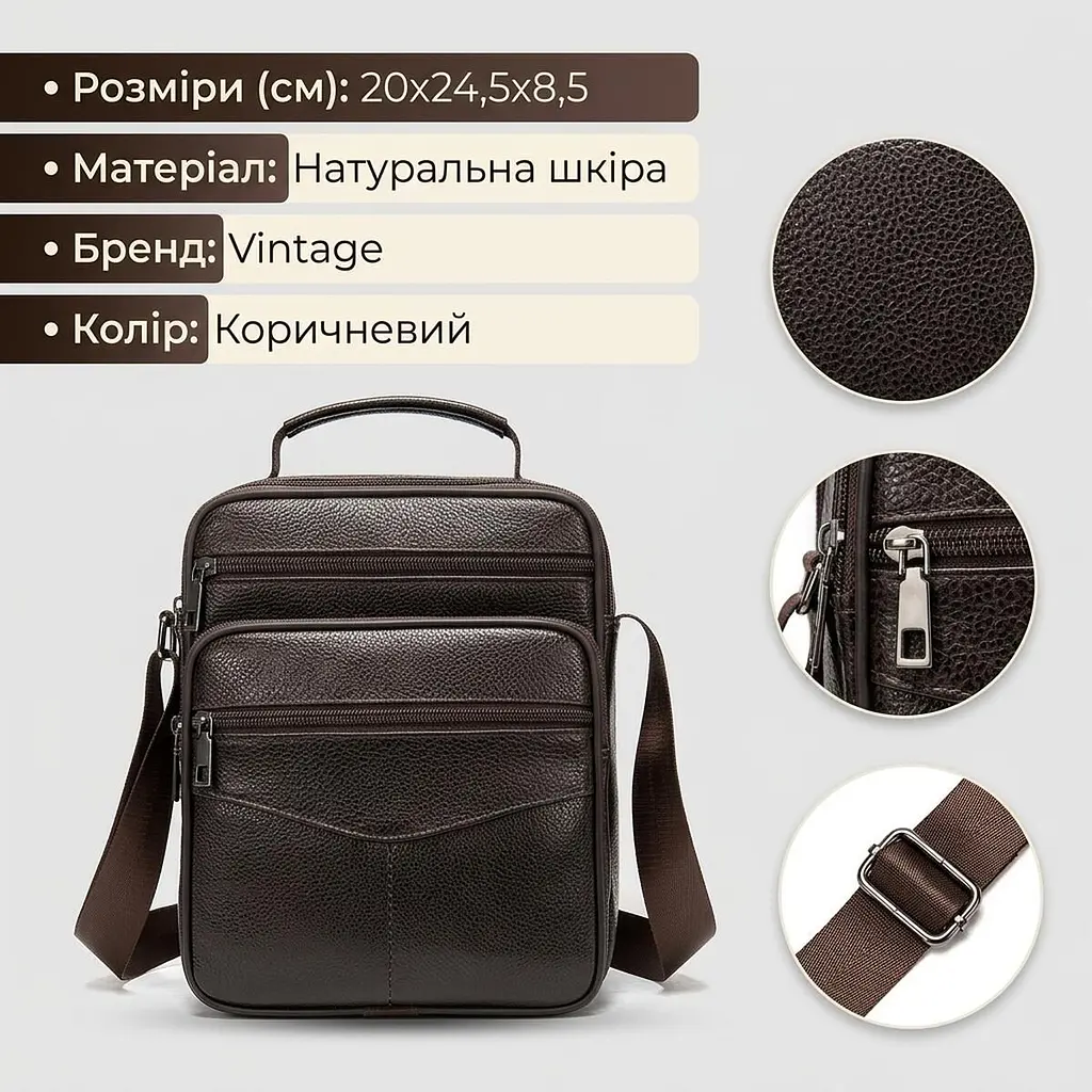 Мессенджер кожаный 14991 Vintage коричневый - фото 3