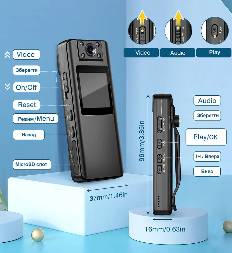 Нагрудна боді-камера Boblov A22 з дисплеєм 1.3 дюйма нічний запис датчик руху акумулятор 2200 мАгод - фото 2