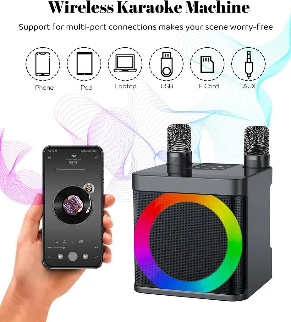 Портативна караоке-система з двома мікрофонами, Bluetooth та LED-підсвіткою - фото 5