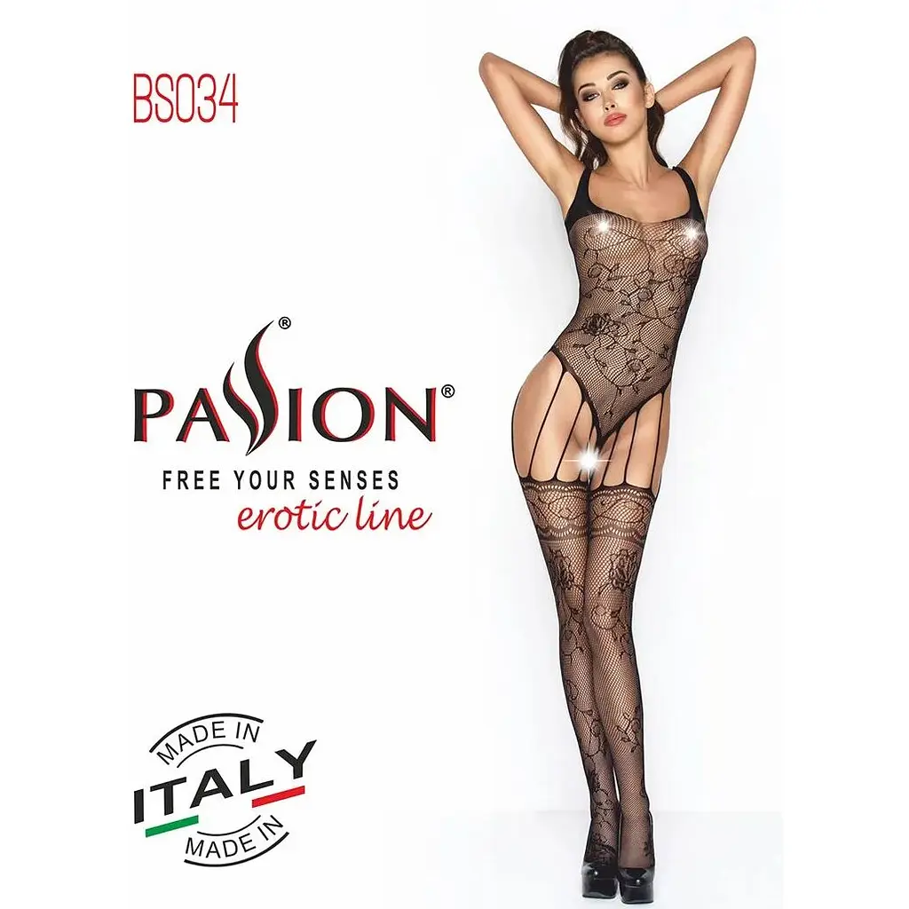 Бодістокінг Passion BS034 Black, комбінезон, імітація боді і панчох - фото 5