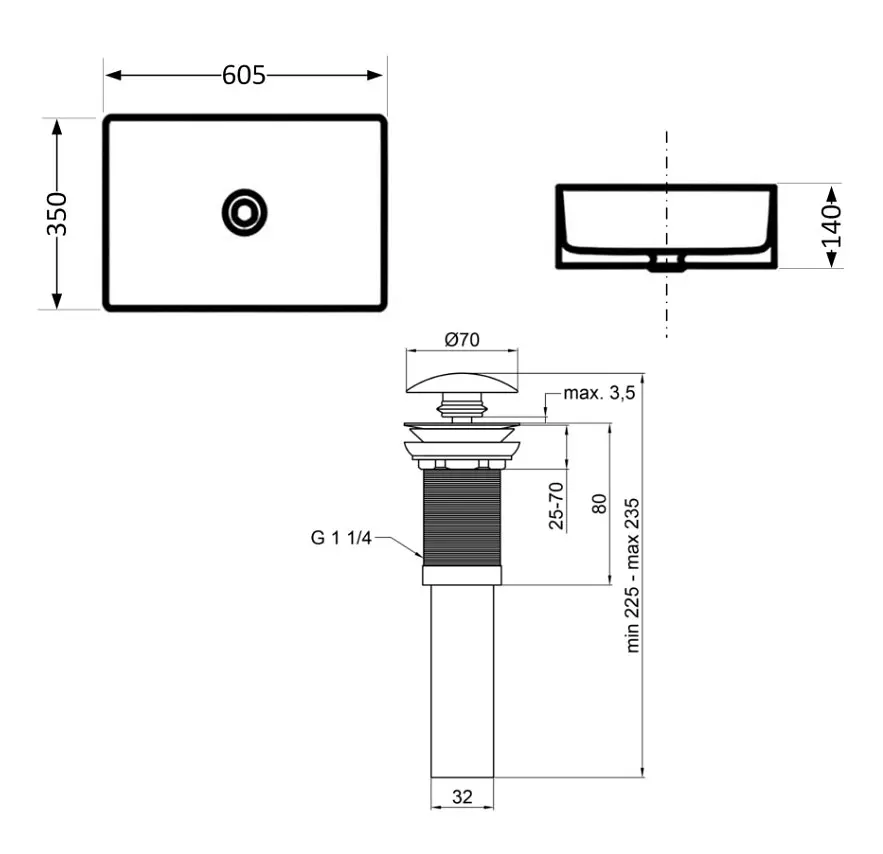 Раковина накладна Qtap Tern, Stone grey, прямокутна, з донним клапаном QTTER188SG49789 - фото 4