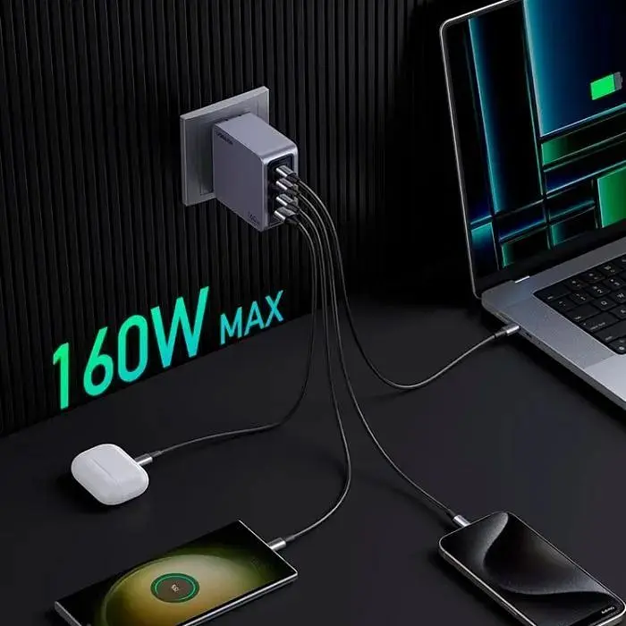 Зарядний пристрій 4xUSB 160W (3xUSB-C + USB-A) GaN + Type-C cable 100W сірий X763 Nexode Pro Ugreen (25877) - фото 2