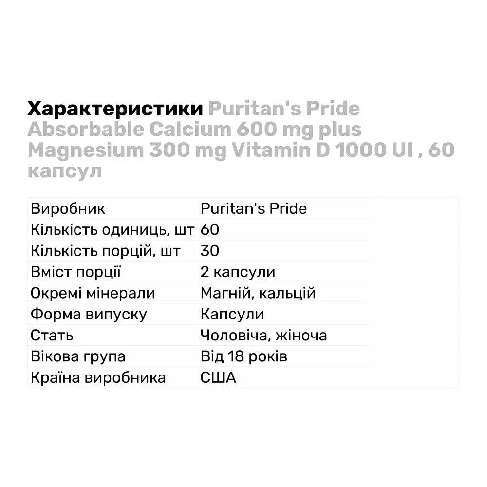 Витамины и минералы Puritan's Pride Absorbable Calcium 600 мг plus Magnesium 300 мг Vitamin D 1000 UI  60 капсул - фото 2