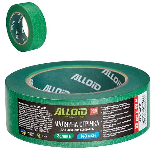 Alloid Pro. Стрічка малярська для шорстких поверхонь, зелена 38мм х 40м, 140мкм