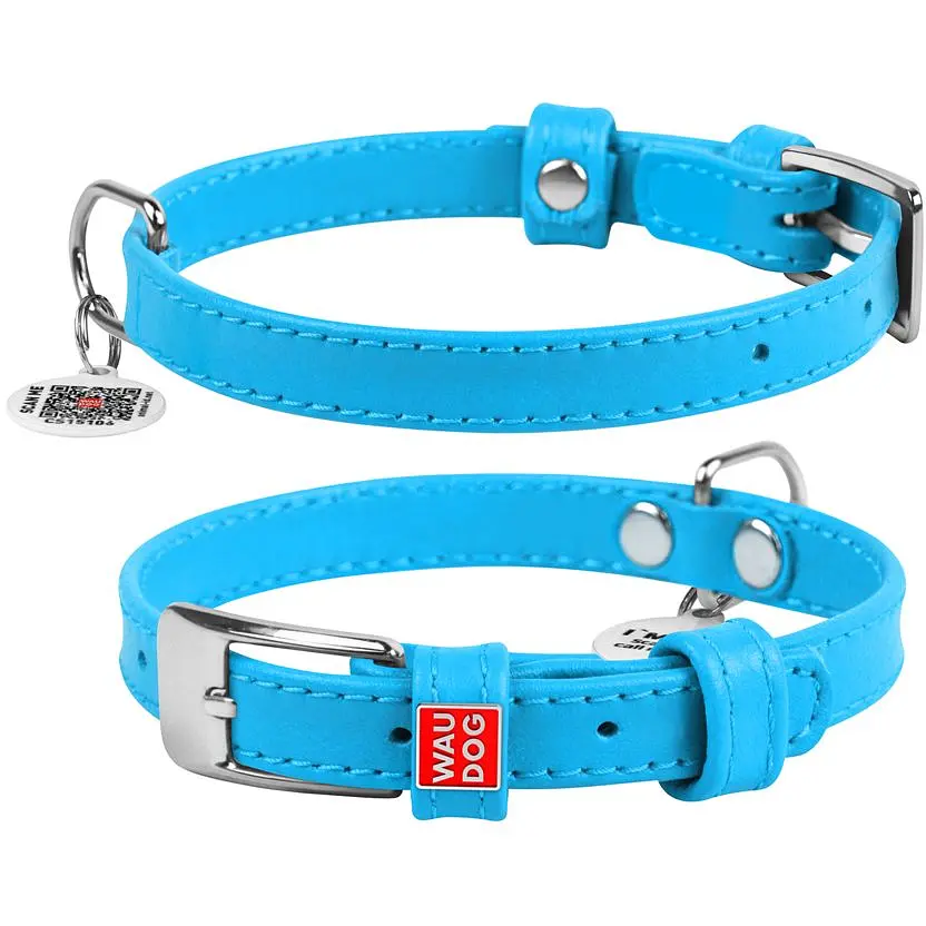 Ошейник для собак Waudog Glamour, кожаный, с QR паспортом, 27-36х1,5 см, голубой - фото 2