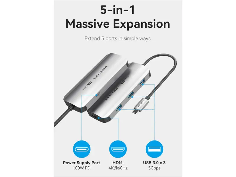 Мультипортовий адаптер Vention 5-in-1 USB-C to HDMI/USB3.0x3/PD (TQDHB) - фото 10