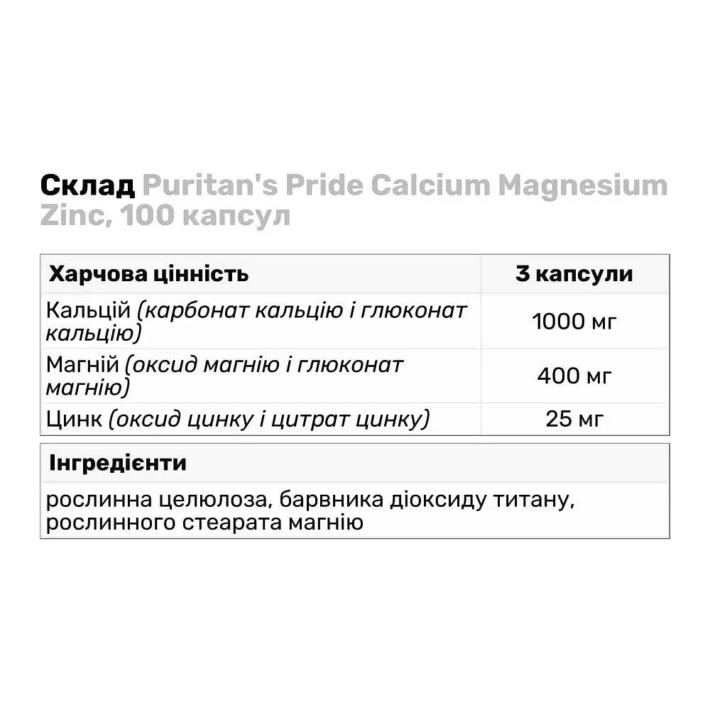 Вітаміни та мінерали Puritan's Pride Calcium Magnesium Zinc, 100 капсул - фото 3