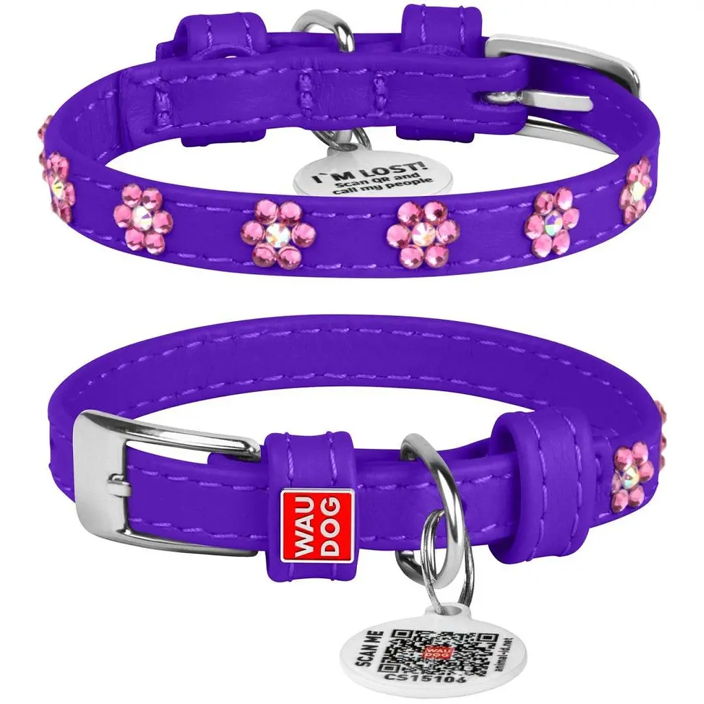 Нашийник для собак Waudog Glamour зі стразами Квіточка шкіряний з QR паспортом 21-29х1.2 см фіолетовий - фото 3