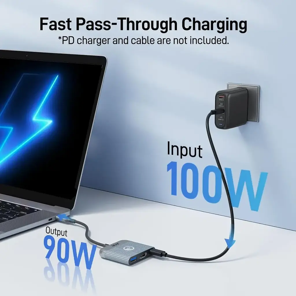 Адаптер acer USB C-HDMI, адаптер 4K@60 Гц HDMI-Type C з потужністю живлення 100 Вт, порт USB A 3.0, цифровий - фото 3