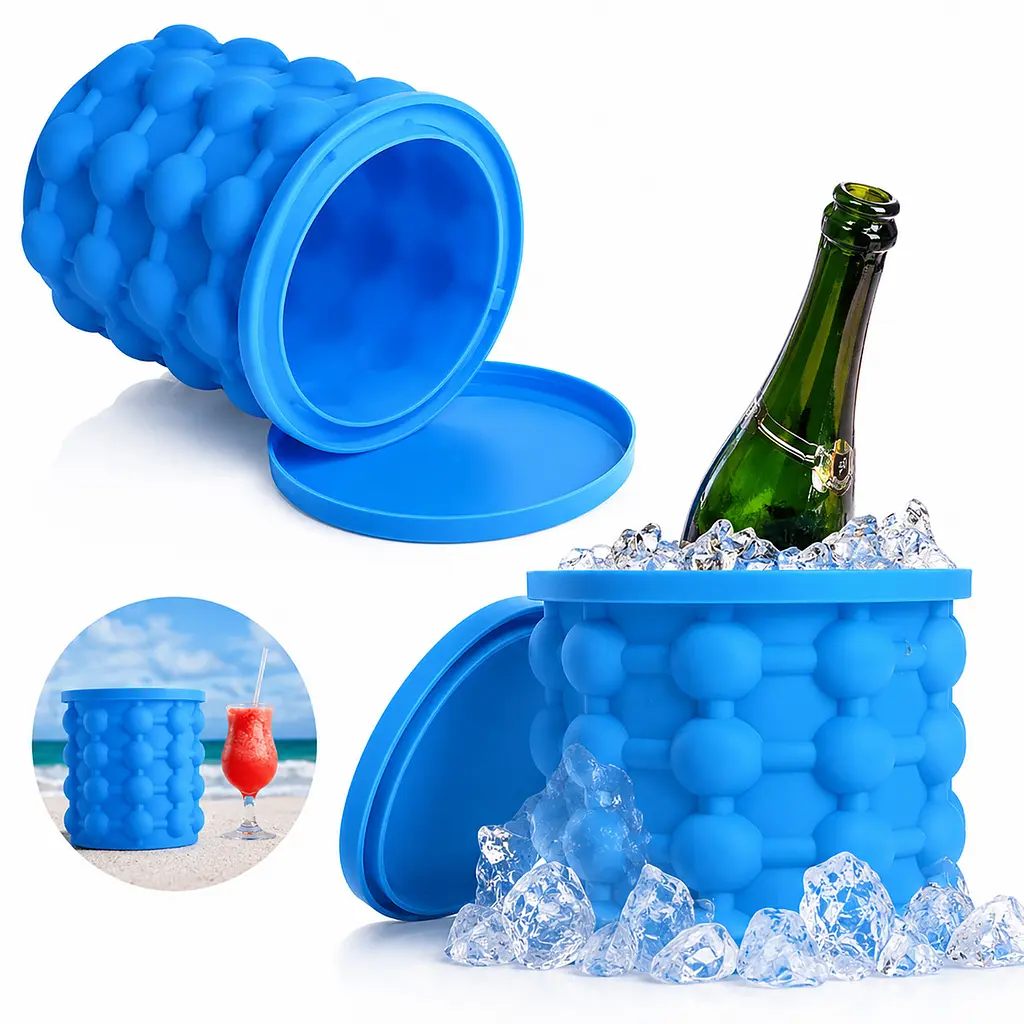 Силіконова форма відро для льоду з кришкою Ice Cube Maker Genie для охолодження напоїв Блакитний 88476 - фото 10