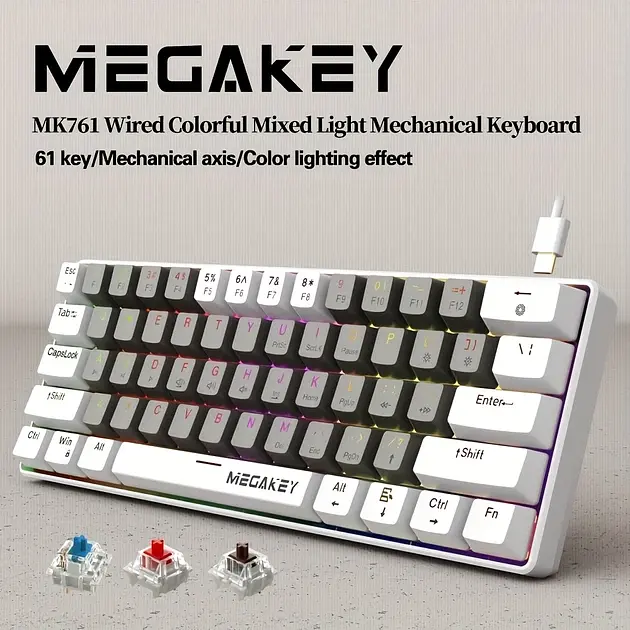 Ігрова дротова механічна клавіатура MegaKey MK761 / 60% / Red Switch / RGB / Grey - фото 2