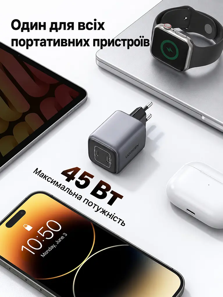 Мережевий зарядний пристрій UGREEN Nexode CD294 адаптер живлення 2 порти USB-C до 45 Вт сірий (90573) - фото 6