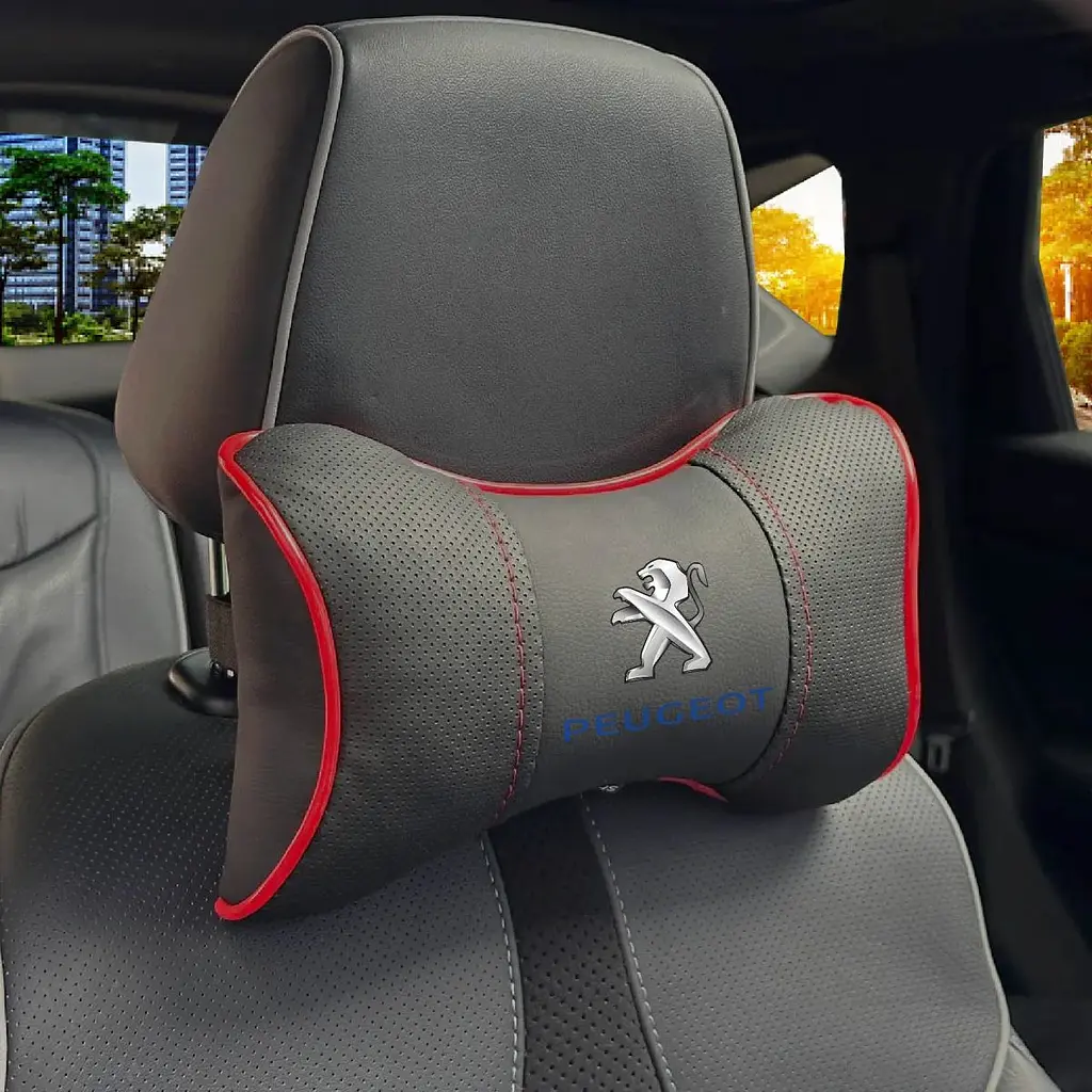 Подушка на підголівник з логотипом Peugeot Екошкіра 3D Кольоровий лого Чорна-Червоний кант 1 шт