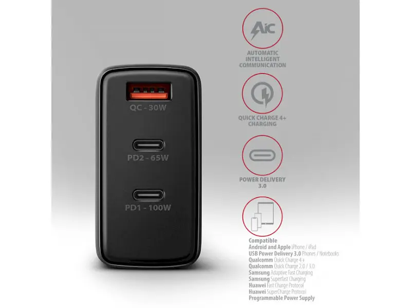 Мережевий зарядний пристрій AXAGON 100 W Black (ACU-DPQ100) - фото 4