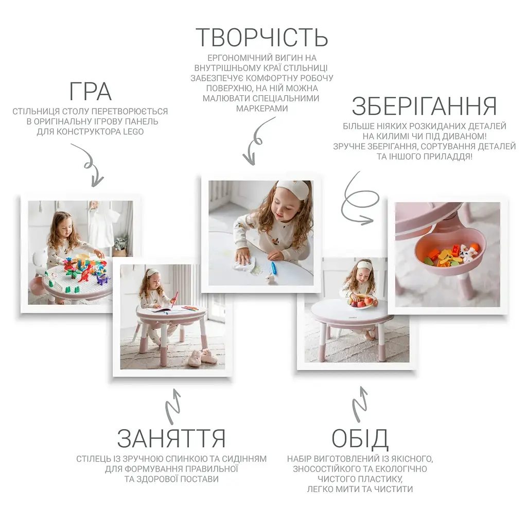 Дитячий багатофункціональний столик Poppet Мультиплей Роуз 5 в 1 та стілець (PP-011R) - фото 5