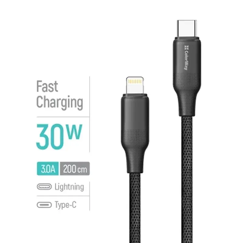 Дата кабель USB-C to Lightning 2.0m PD30W TPE embossed black ColorWay (CW-CBPDCL102-BK) - фото 4