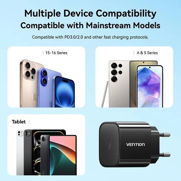 Зарядний пристрій 1xUSB-C 20W + USB-C cable М-М Чорний Vention - фото 5