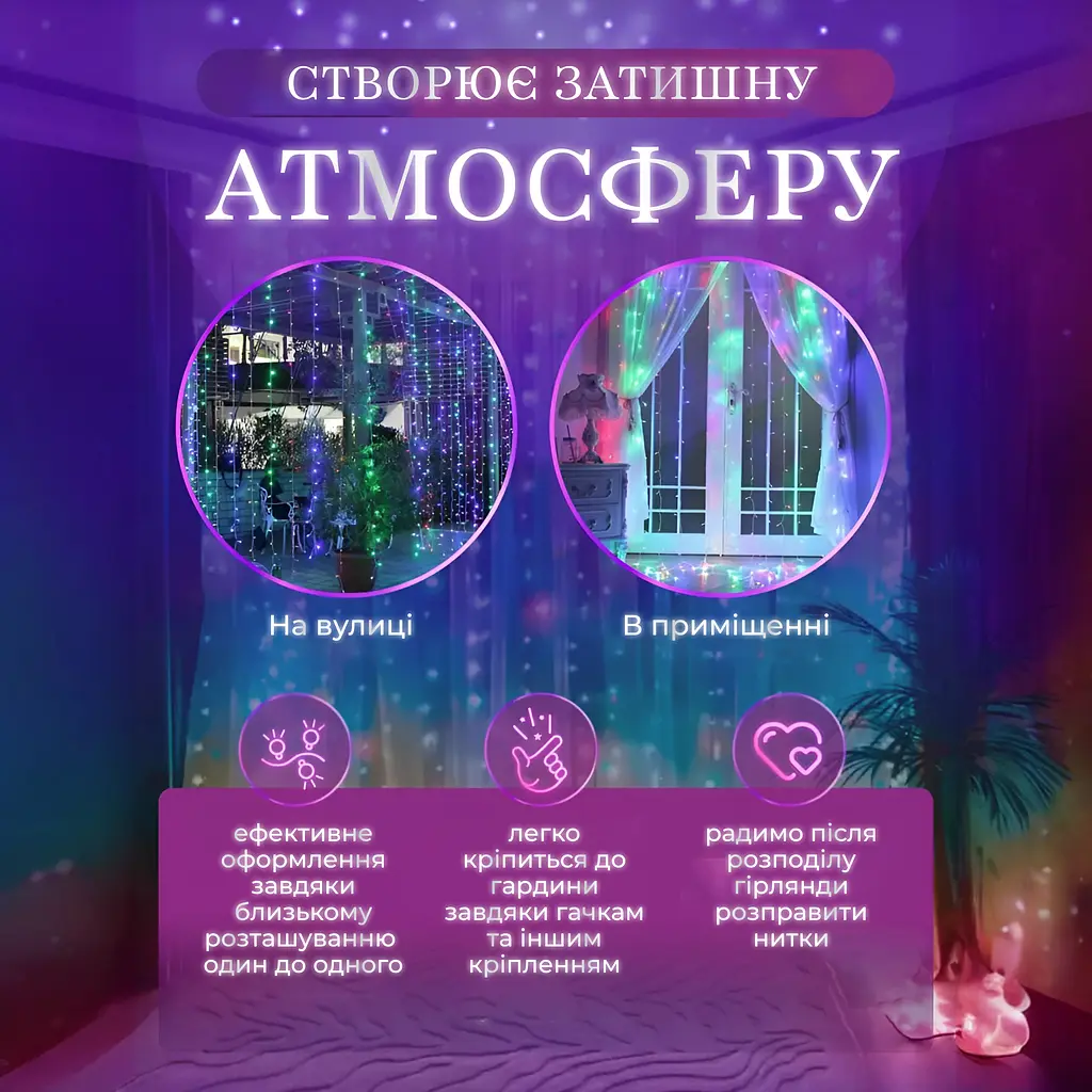 Гирлянда-штора GarlandoPro светодиодная 64 LED размер 1,5x1,5 м, мультиколор (ZWM2160LEDML) - фото 7