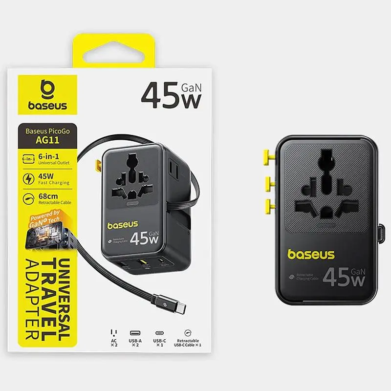 Мережевий універсальний перехідник AG11 45W with retractable cable (2USB-A/1C/1Socket) (E0307F) Baseus teh0029669 - фото 5