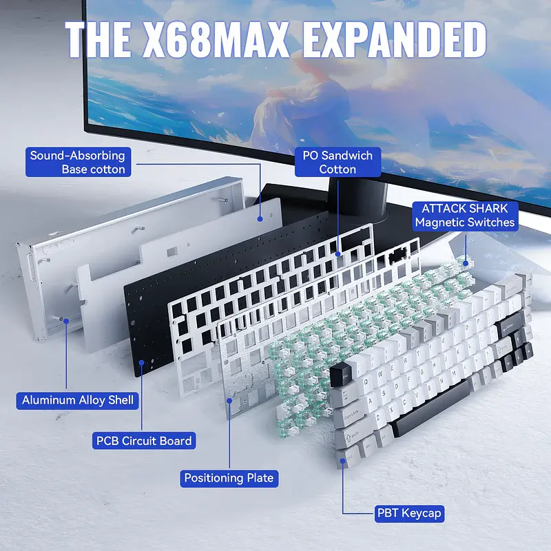 Игровая магнитная клавиатура Attack Shark X68 Max / Проводное подключение / Magnetic Switch / White - фото 8
