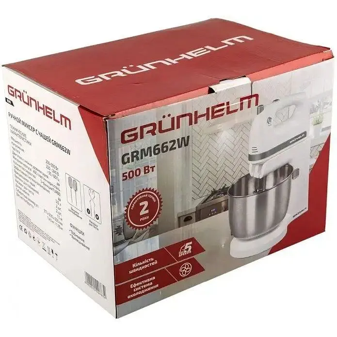 Стационарный ручной миксер Grunhelm GRM662B 500 Вт 3.5 л 5 скоростей с металлической чашей Белый - фото 7