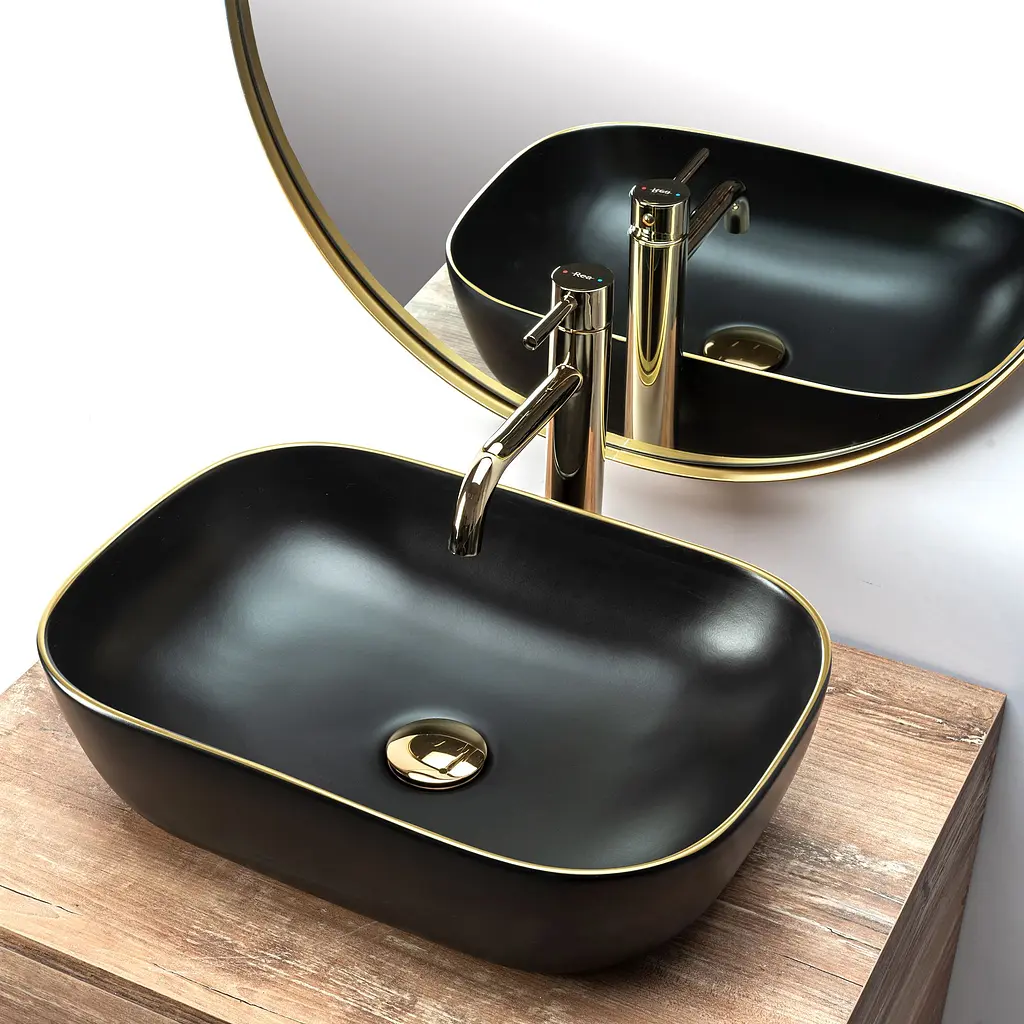 Умивальник Rea Belinda black mat T gold edge накладний REA-U9659, Чорний матовий - фото 2