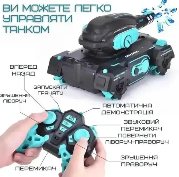 Танк на радіокеруванні з пультом з LED-підсвіткою стріляє водяними кульками Бірюзовий - фото 5