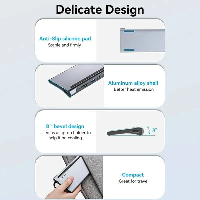 Док-станция USB3.1 Type-C --> HDMI/VGA/USB3.0x3/RJ45/SD/TF/TRRS 3.5mm/PD 100W Vention 11in1 - фото 6