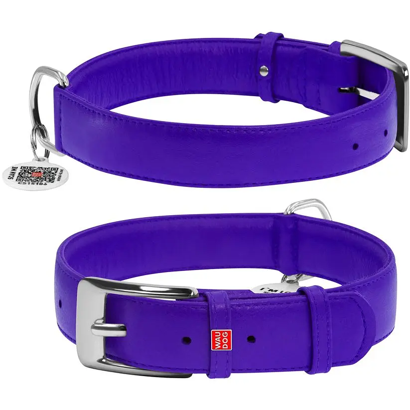Ошейник для собак Waudog Glamour, кожаный, с QR паспортом, 46-60х3,5 см, фиолетовый - фото 3