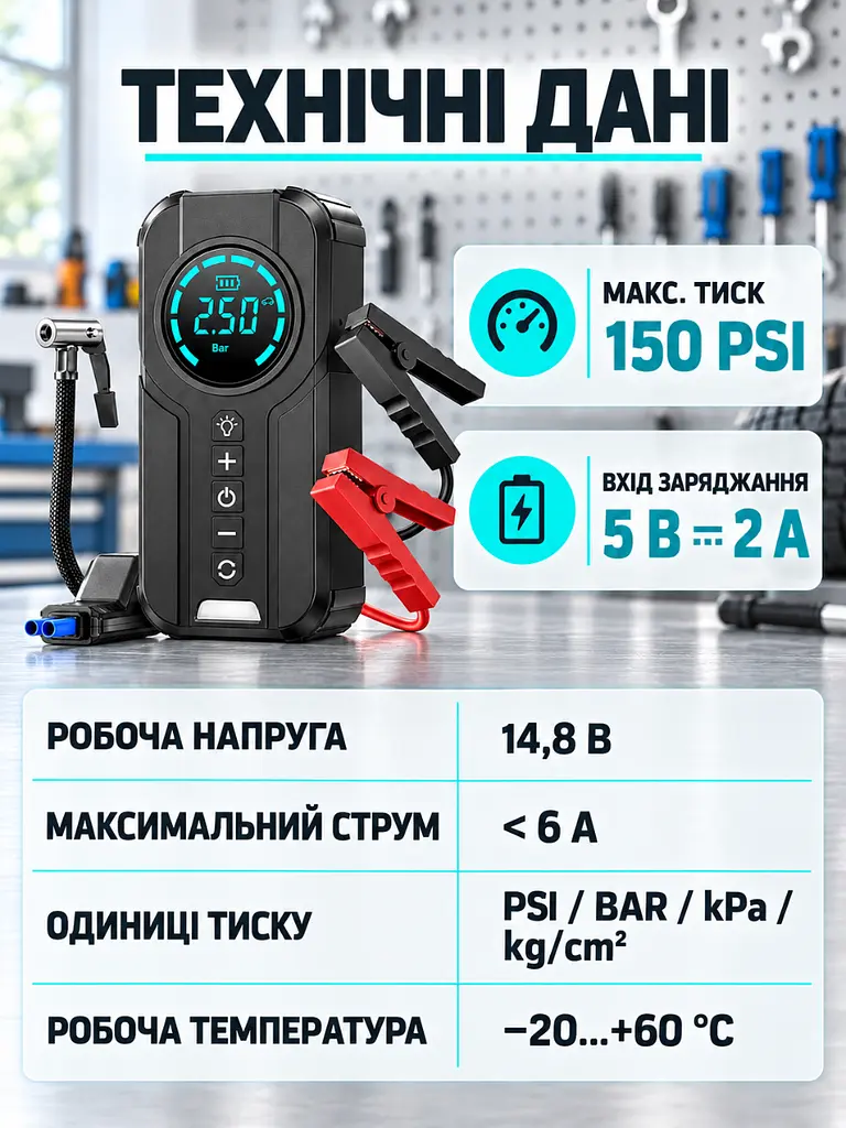 Автомобільний пусковий пристрій з компресором 4 в 1 150 PSI для автомобіля Чорний (37261536) - фото 6