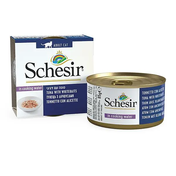 Вологий корм для котів Schesir Tuna Whitebaits Шезір тунець з анчоусами і рисом в бульйоні натуральні консерви банка 85 г (750525)