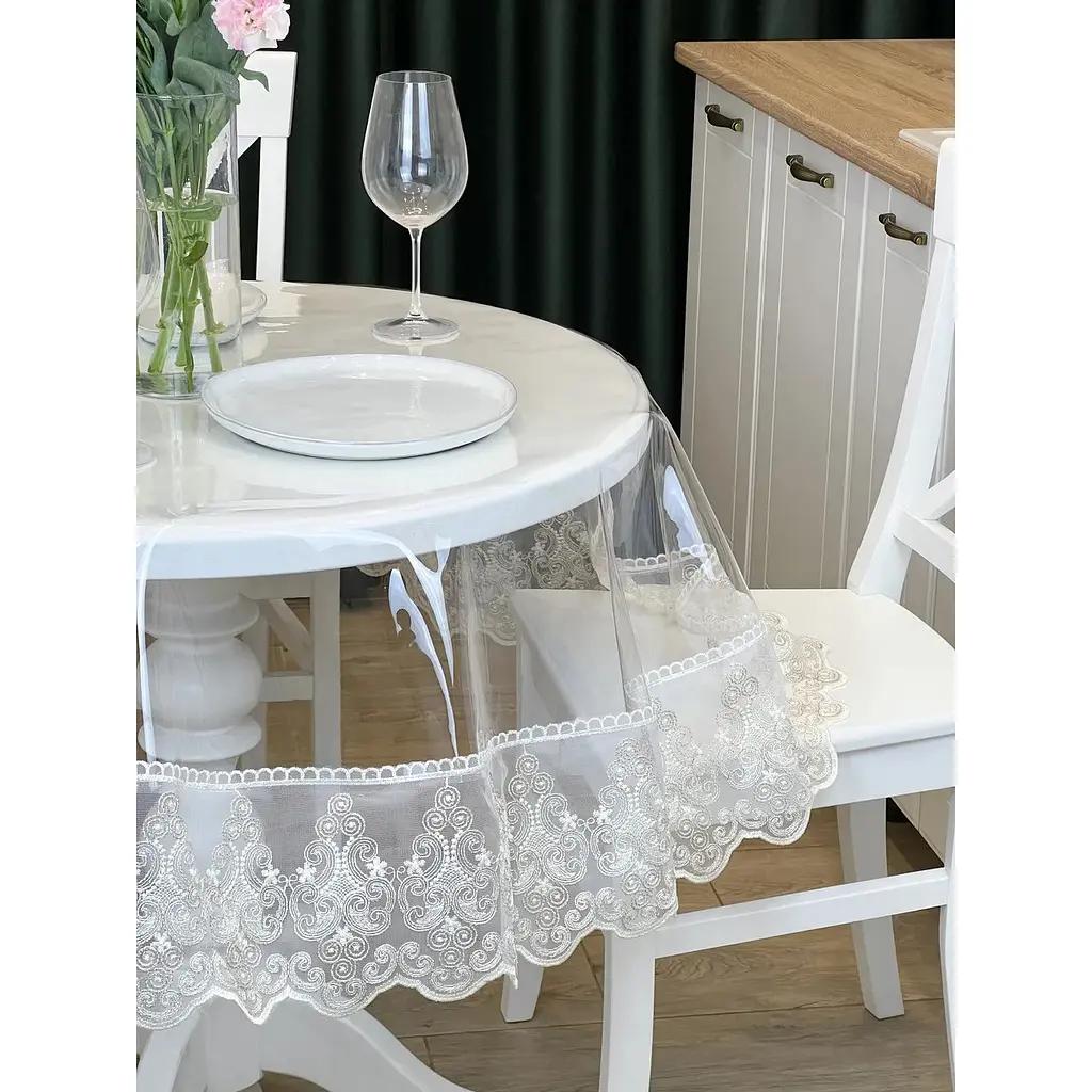 Силіконова скатертина з біло-кавовим мереживом Петек 15 см 210х190 см - фото 1
