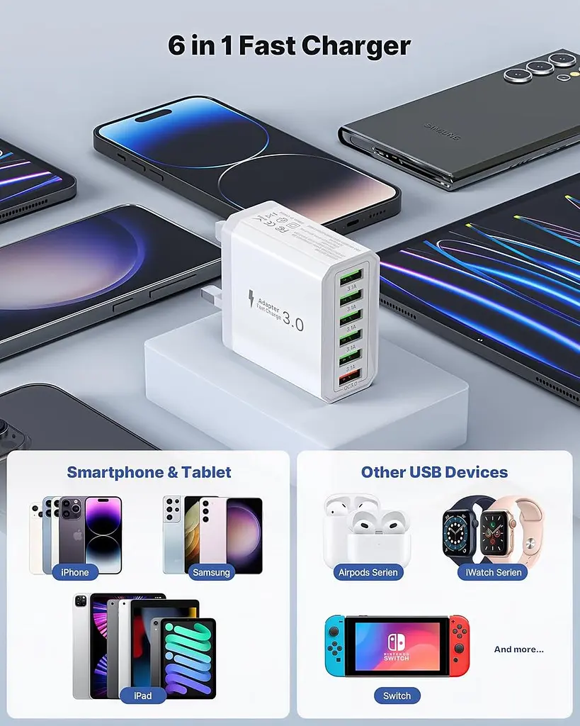 Мережевий зарядний пристрій Tupneuf 33 Вт, 6 USB-портів, Fast Charge - фото 5