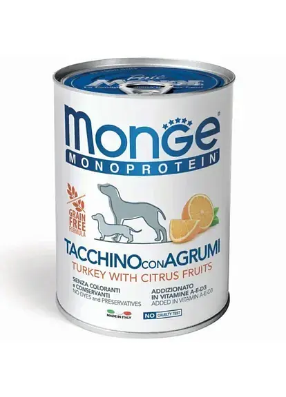 Консерви Monge Dog Fruit Monoprotein для собак, паштет, індичка з цитрусами, 400 г