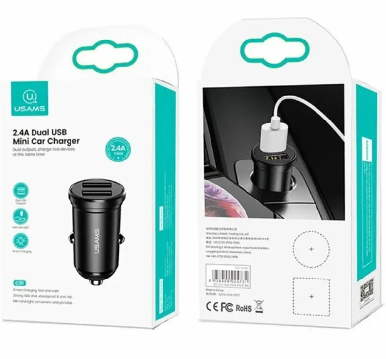 Автомобильное зарядное устройство для Usams CC114 C20 2.4A Dual USB Mini Car Charger Черный - фото 2