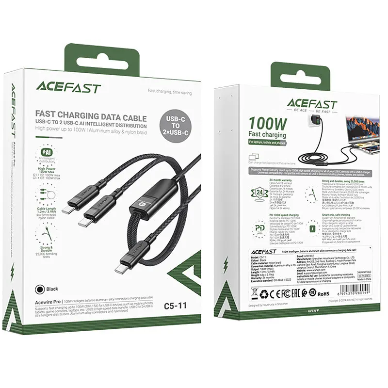 Кабель для передачі даних C5-11 USB-C to 2xUSB-C 100W (1.2 m) Black Acefast teh0030041 - фото 2
