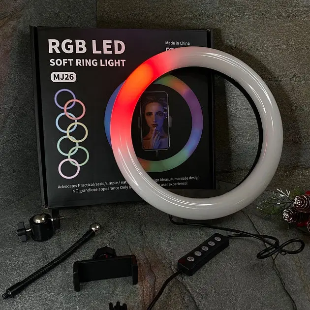 Селфи-лампа LED кольцевая 26см Voltronic MJ26 RGB + штатив - фото 6
