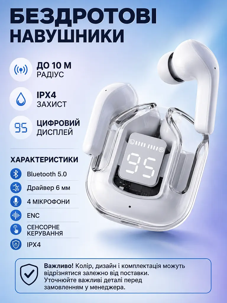 Бездротові навушники TWS Bluetooth 5.0 з мікрофоном ENC, сенсорним керуванням і кейсом із дисплеєм, білі (49676324) - фото 3