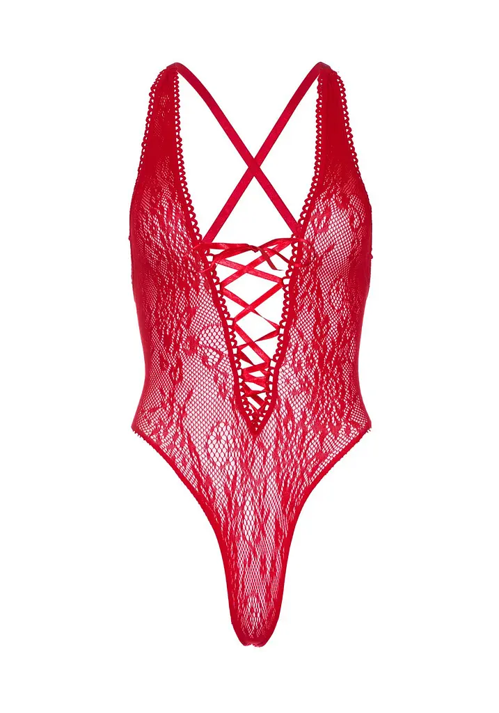 Мереживне боді Leg Avenue Floral lace thong teddy Red, шнурівка на грудях, one size - фото 4