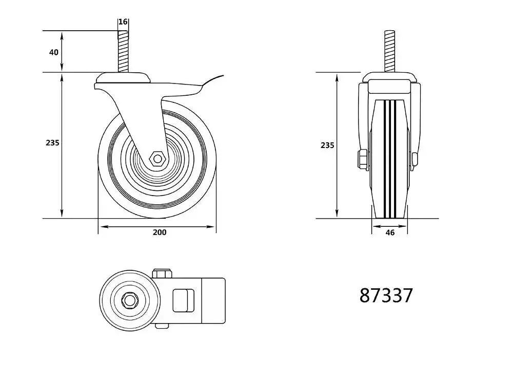 Колесо до візка Vorel зі штифтом, обертовою опорою і гальмом 200 мм навантаження 150 кг (87337) - фото 3