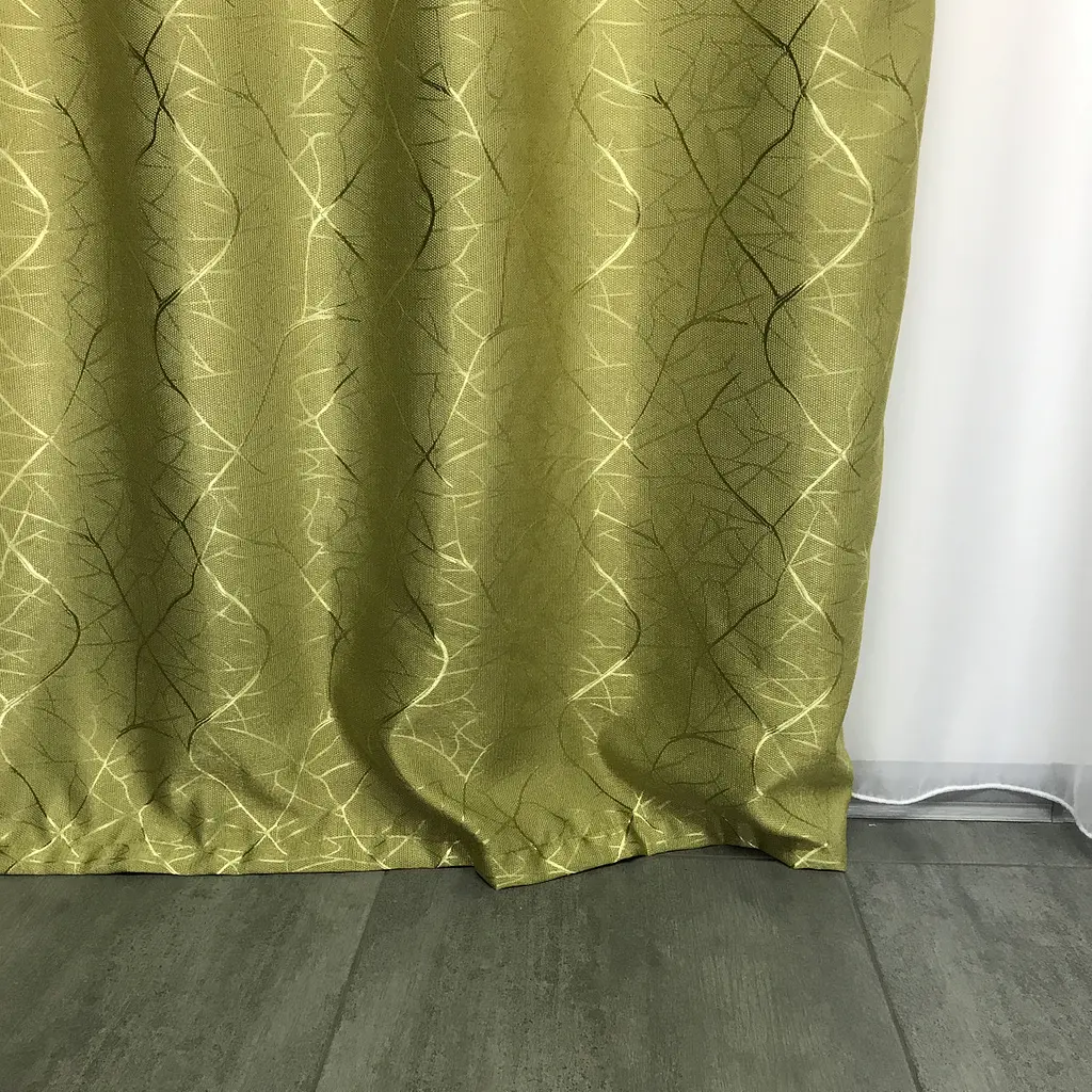 Льняні штори "бите скло" оливкового кольору 2шт. 150х270 з білим шифоновим тюлем 400х270, на тасьмі ALBO pbe0052737 - фото 7