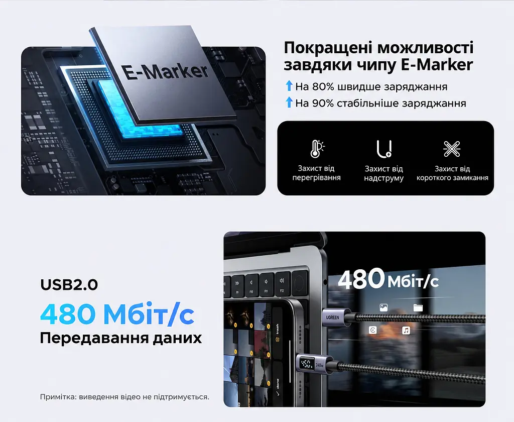 Кабель UGREEN L530 USB-C - USB-C PD 240 Вт з LED-дисплеєм 2 м чорний (65867) - фото 3
