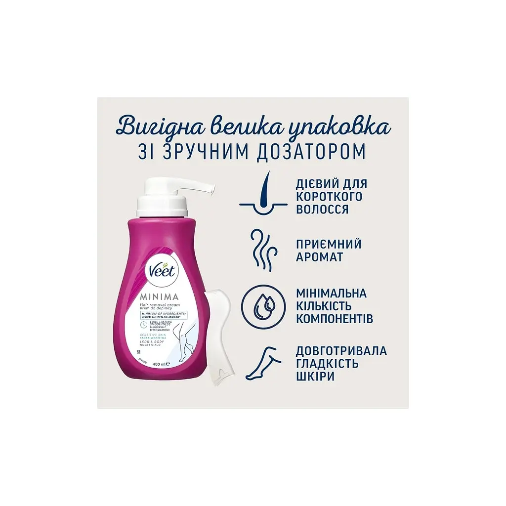 Крем для депіляції Veet Minima для чутливої шкіри з Алое вера 400 мл (3059944021197/5900627118971) - фото 4