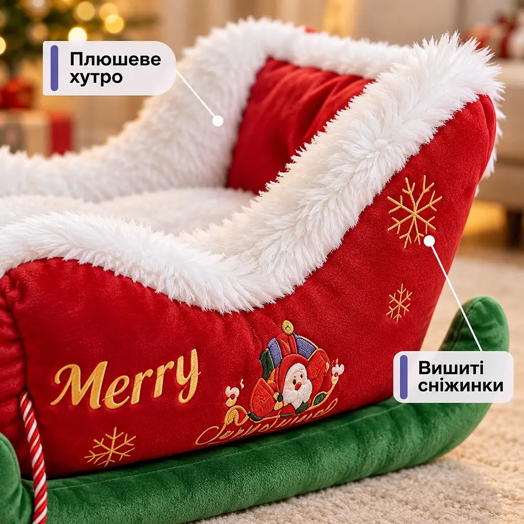 Лежанка для тварин у формі саней новорічна плюшевий лежак для кота і собаки - фото 3