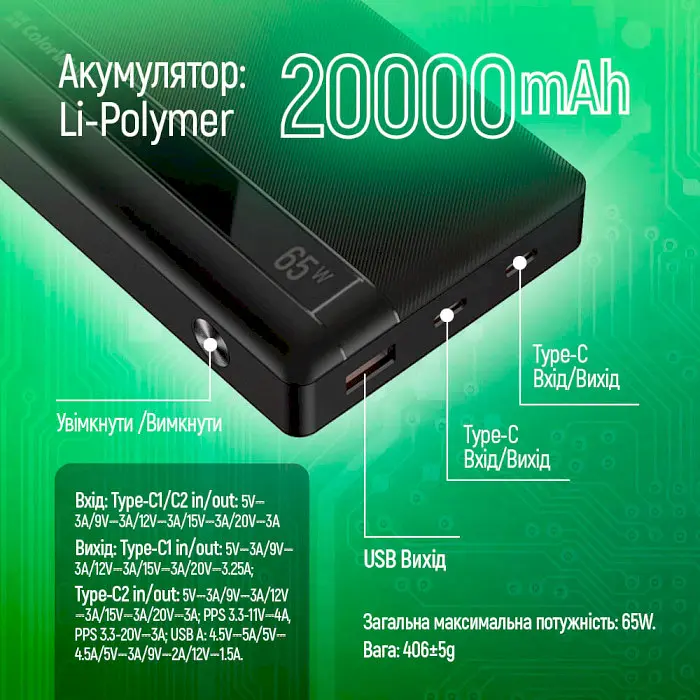 Повербанк ColorWay 20000 mAh 65W Black (CW-PB200LPA3BK-PDD) - фото 8
