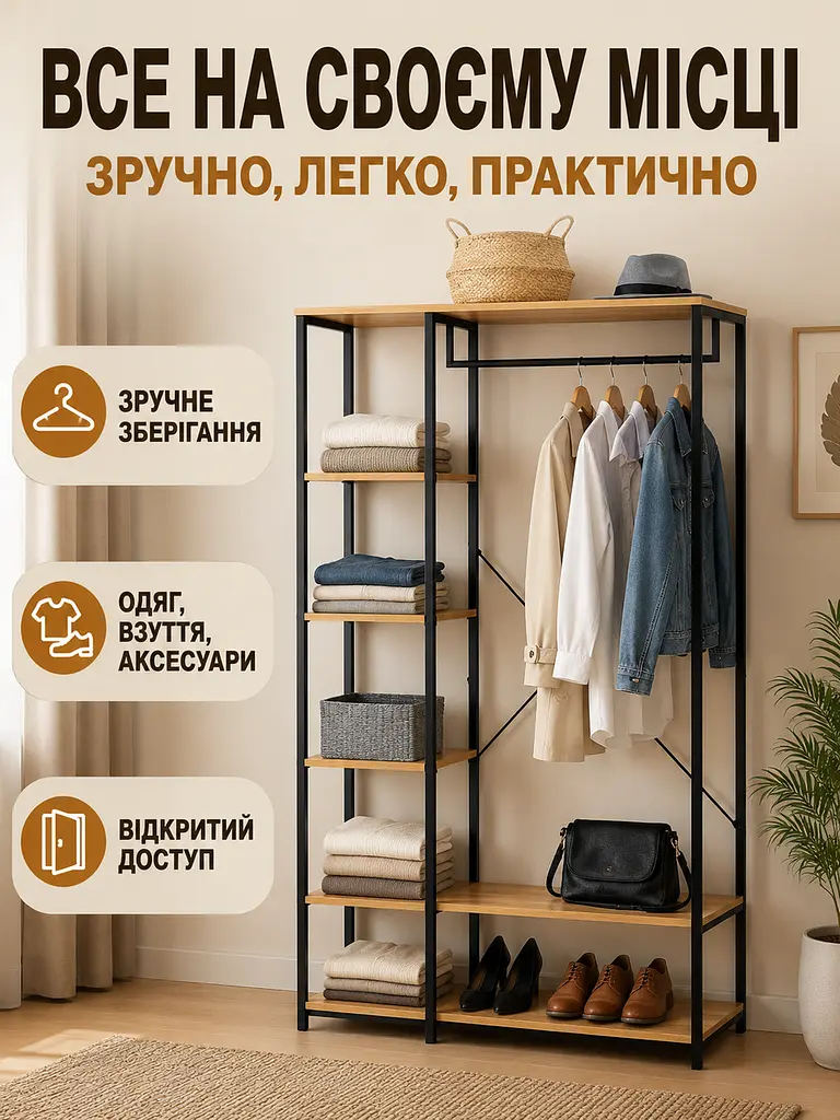 Підлогова вішалка-стелаж для одягу та взуття лофт 90×40×167 см (49676006) - фото 5