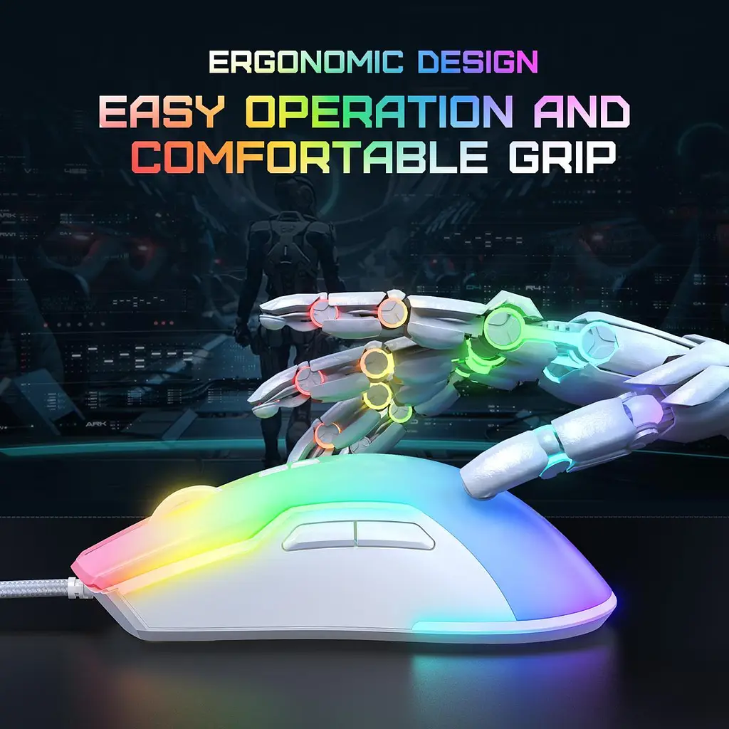 Компьютерная мышка Onikuma игровая C-22 Pro с RGB подсветкой и 6400 DPI проводная для ПК и ноутбука белый - фото 5
